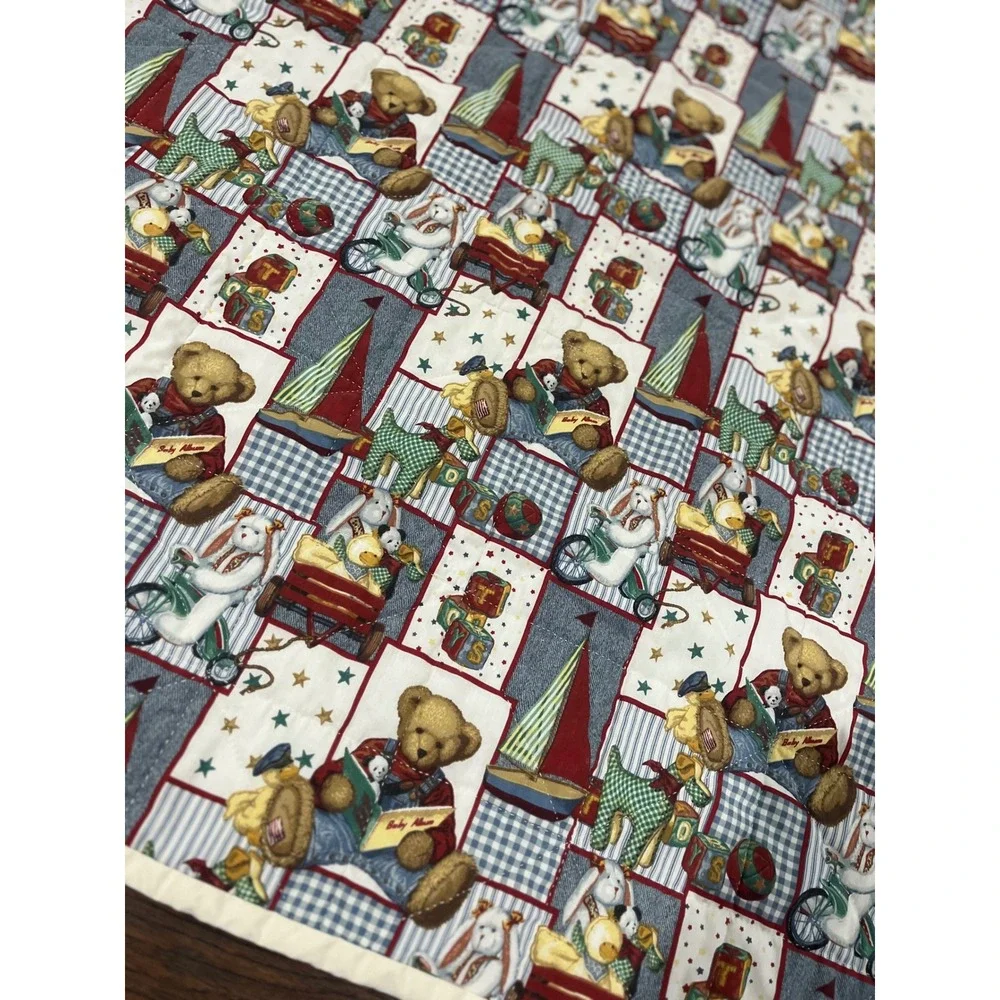 Vtg 90s Teddy Bear Quilt Americana Nursery Blanket Sailboats Blue Jeans 46x43